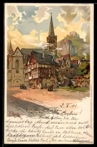 Lithographie Bacharach /Rhein, Kirche, Fachwerkhäuser, Burgruine