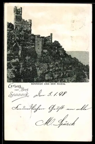 Lithographie Sonneck /Rhein, Burg Sonneck und der Rhein