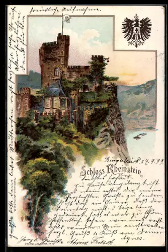 Lithographie Rheinstein, Wappen, Schloss Rheinstein