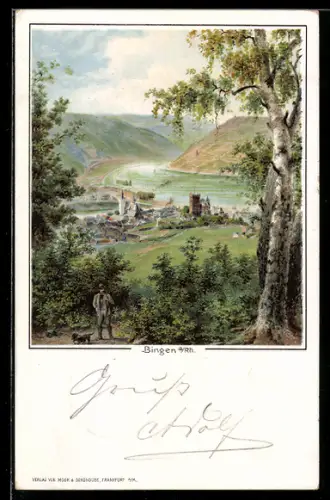 Lithographie Bingen a. Rh., Ortsansicht mit Burgruine