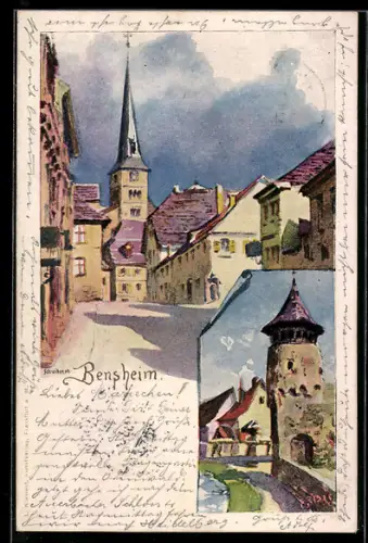Lithographie Bensheim, Kirche, Stadttor