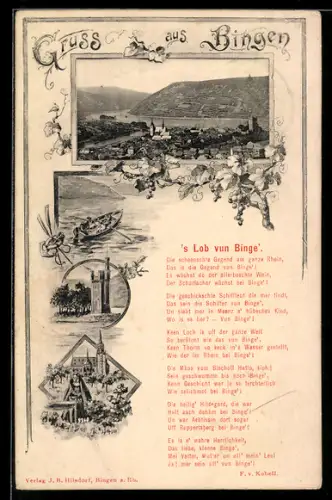 Lithographie Bingen a. Rh., Rheinpanorama, Mäuseturm, Gedicht  `s Lob von Binge