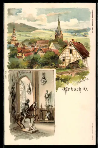 Lithographie Erbach i. O., Stadtansicht, Rittersaal