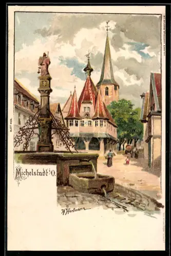 Lithographie Michelstadt i. O., Partie am Brunnen