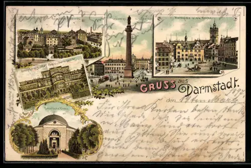 Lithographie Darmstadt, Residenz-Schloss, Louisenplatz mit Ludwigsmonument, Marktplatz u. Ev. Kirche, Kath. Kirche