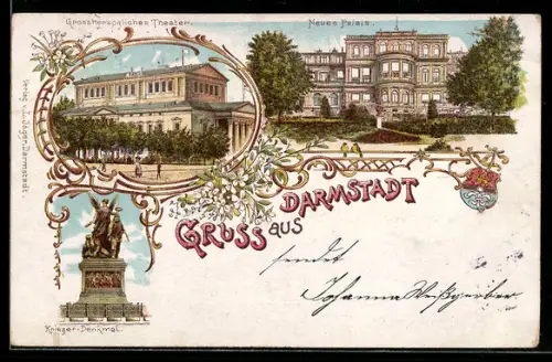 Lithographie Darmstadt, Neues Palais, Grossherzogliches Theater, Krieger-Denkmal