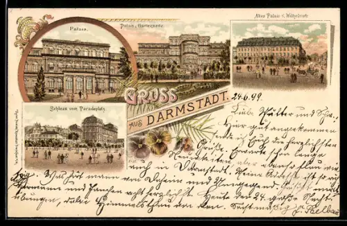 Lithographie Darmstadt, Palais, Schloss vom Paradeplatz aus