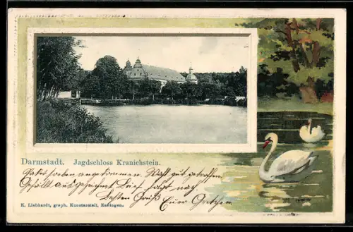AK Darmstadt, Jagdschloss Kranichstein, Weiher mit Schwänen