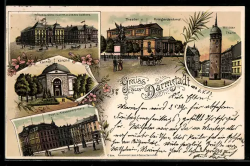 Lithographie Darmstadt, Theater und Kriegerdenkmal, Weisser Turm, Kathol. Kirche, Post und Alexanderpalais