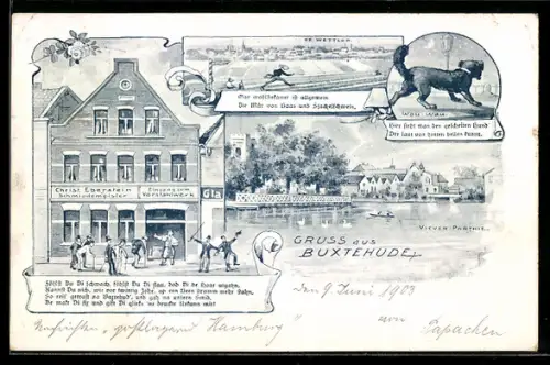 Lithographie Buxtehude, tanzende Männer vor dem Vorstahlwerk v. Christ. Eberstein, Wettlauf Hase und Igel, Partie am See