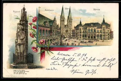 Lithographie Bremen, Rathaus, Dom, Börse, Rolanddenkmal