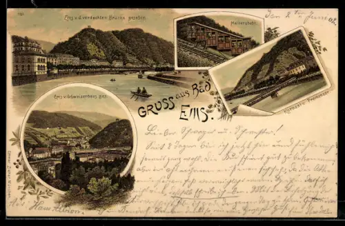 Lithographie Bad Ems, Kursaal und Promenade, Panorama von der verdeckten Brücke, Ortsansicht