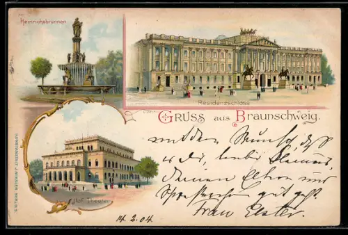 Lithographie Braunschweig, Residenzschloss, Heinrichsbrunnen, Hof-Theater