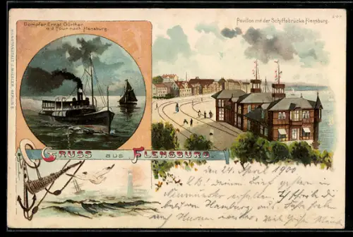 Lithographie Flensburg, Pavillon mit Schiffsbrücke, Dampfer Ernst Günther, Leuchtturm