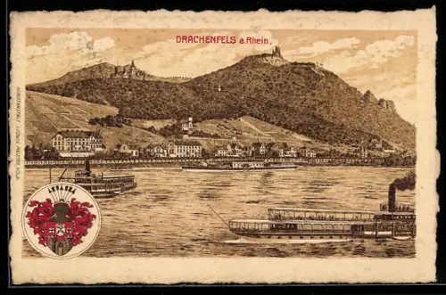 Lithographie Drachenfels a. Rhein, Ortspartie mit Fluss und Dampfern, Wappen