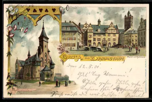 Lithographie Darmstadt, Markt mit Rathaus, Martinskirche, Jugendstilrahmen