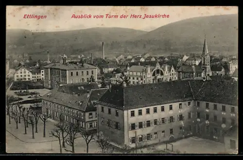 AK Ettlingen, Ausblick vom Turm der Herz-Jesukirche mit Lehrerseminar und Festhalle