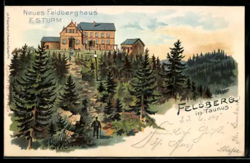 Künstler-AK Schmitten, Neues Feldberghaus Sturm auf dem Feldberg