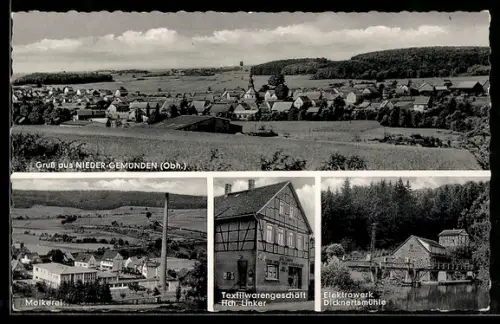 AK Nieder-Gemünden, Gesamtansicht, Elektrowerk Dicknertmühle, Textilwarengeschäft Linker