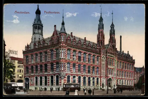 AK Amsterdam, Postkantoor, Strassenbahn
