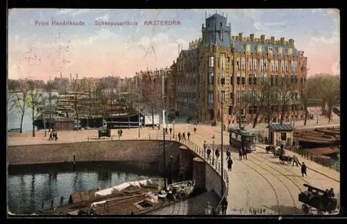 AK Amsterdam, Prins Hendrikkade, Scheepvaarthuis, Strassenbahn