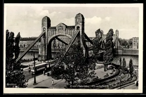 AK Breslau, Freiheitsbrücke mit Strassenbahn aus der Vogelschau