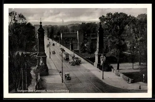 AK Stuttgart-Bad Cannstatt, König-Karl-Brücke mit Strassenbahn aus der Vogelschau