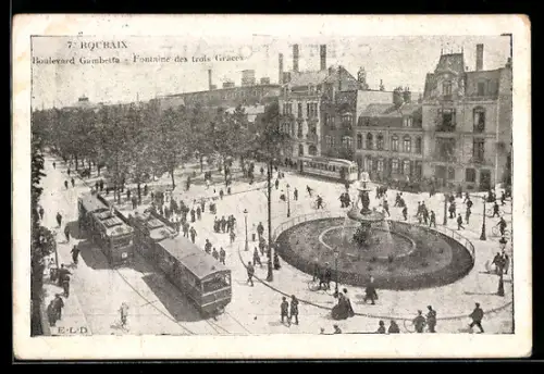 AK Roubaix, Boulevard Gambetta, Fontaine des trois Graces, Strassenbahn