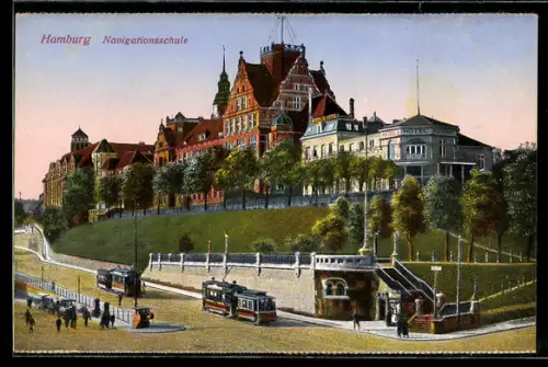 AK Hamburg-St. Pauli, Strassenpartie mit Navigationsschule und Strassenbahn