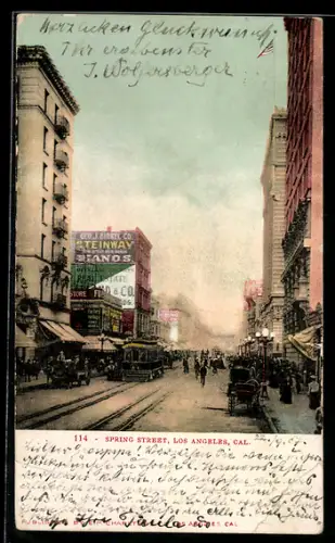 AK Los Angeles, Cal., Spring Street, Strassenbahn