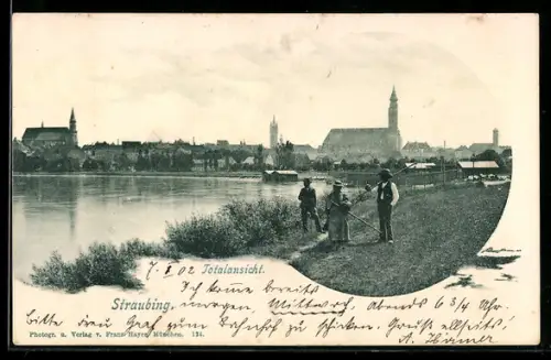 AK Straubing, Totalansicht mit Donauufer