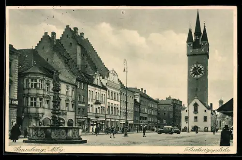 AK Straubing, Ludwigsplatz, Stadtturm, Brunnen
