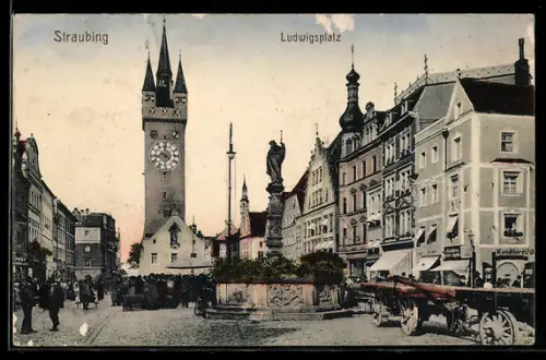 AK Straubing, Ludwigsplatz, Stadtturm, Mariensäule