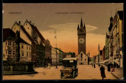 AK Straubing, Ludwigsplatz mit Stadtturm