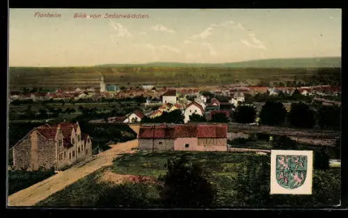 AK Flonheim, Totalansicht vom Sedanwäldchen aus, Wappen
