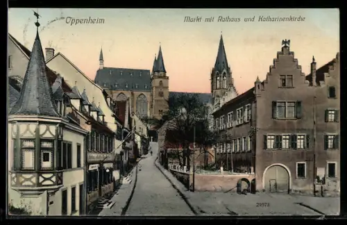AK Oppenheim, Markt mit Rathaus u. Katharinenkirche