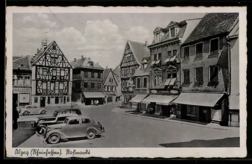 AK Alzey, Fachwerkhäuser und Gasthaus Zum Raben am Rossmarkt