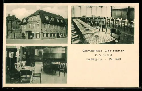 AK Freiberg /Sa., Gambrinus-Gaststätten, Inh. F. A. Hieckel, Innenansichten
