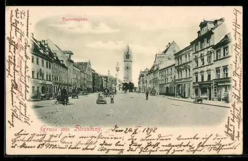 AK Straubing, Strassenpartie am Theresienplatz mit Stadtturm