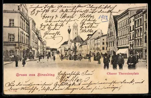 AK Straubing, Strassenpartie Oberer Theresienplatz mit Kirche