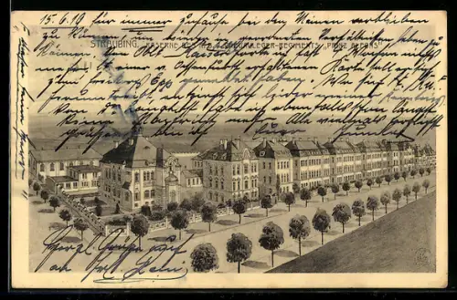 Lithographie Straubing, Kaserne des K.B. 7. Chevauleger-Regiments Prinz Alfons aus der Vogelschau