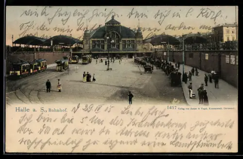 AK Halle a. S., Bahnhof, Strassenbahnen