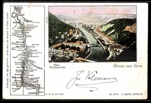 Landkarten-AK Ems, Totalansicht, Flusslauf, Ortspanorama