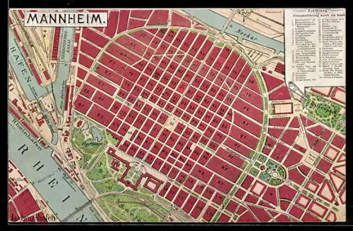 Landkarten-AK Mannheim, Stadtplan mit Quadraten und Sehenswürdigkeiten