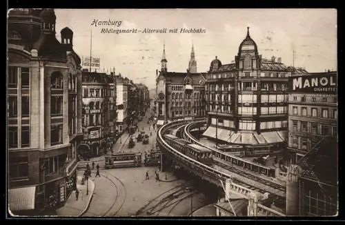 AK Hamburg, Rödingsmarkt, Alterwall mit Hochbahn, Strassenbahn
