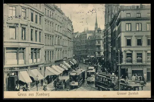 AK Hamburg, Grosser Burstah, Strassenbahn, Geschäftshäuser