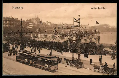AK Hamburg-Neustadt, Alster-Pavillon, Strassenbahn, Pferdekutschen