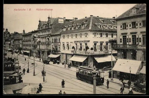 AK Karlsruhe i. B., Kaiserstrasse, Strassenbahn, Geschäftshäuser