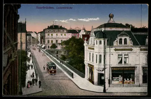 AK Saarbrücken, Luisenbrücke, Strassenbahn, Geschäftshaus Leonard Bauer