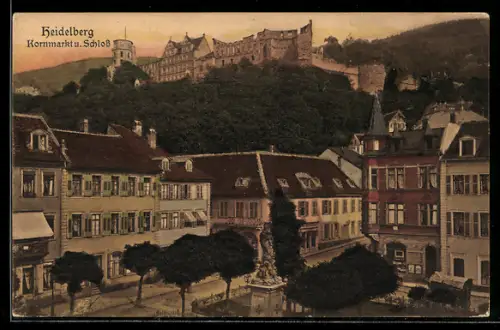 AK Heidelberg, Kornmarkt, Schloss, Denkmal